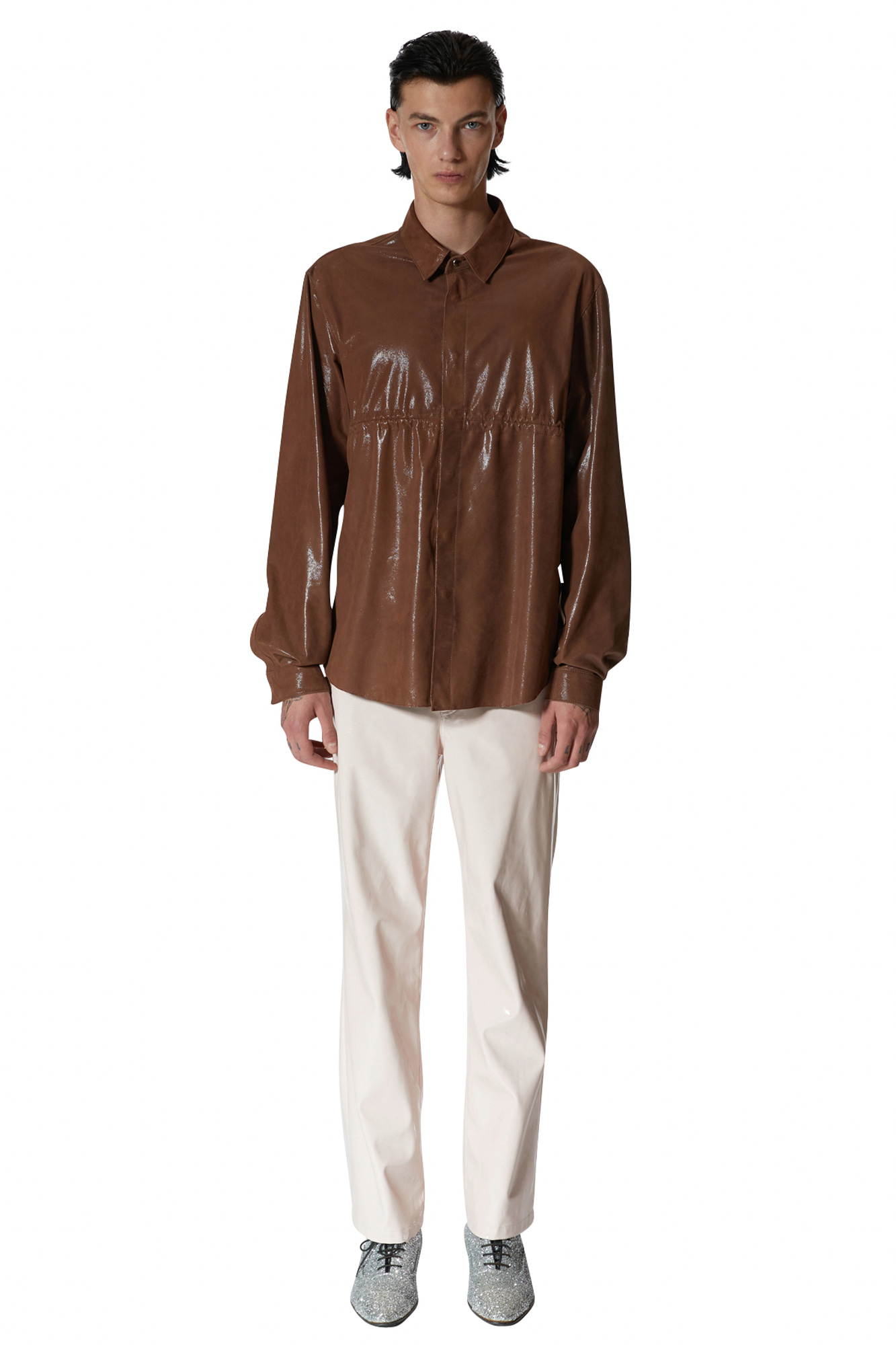 BROWN BREAST SHIRRING LEATHER SHIRT
