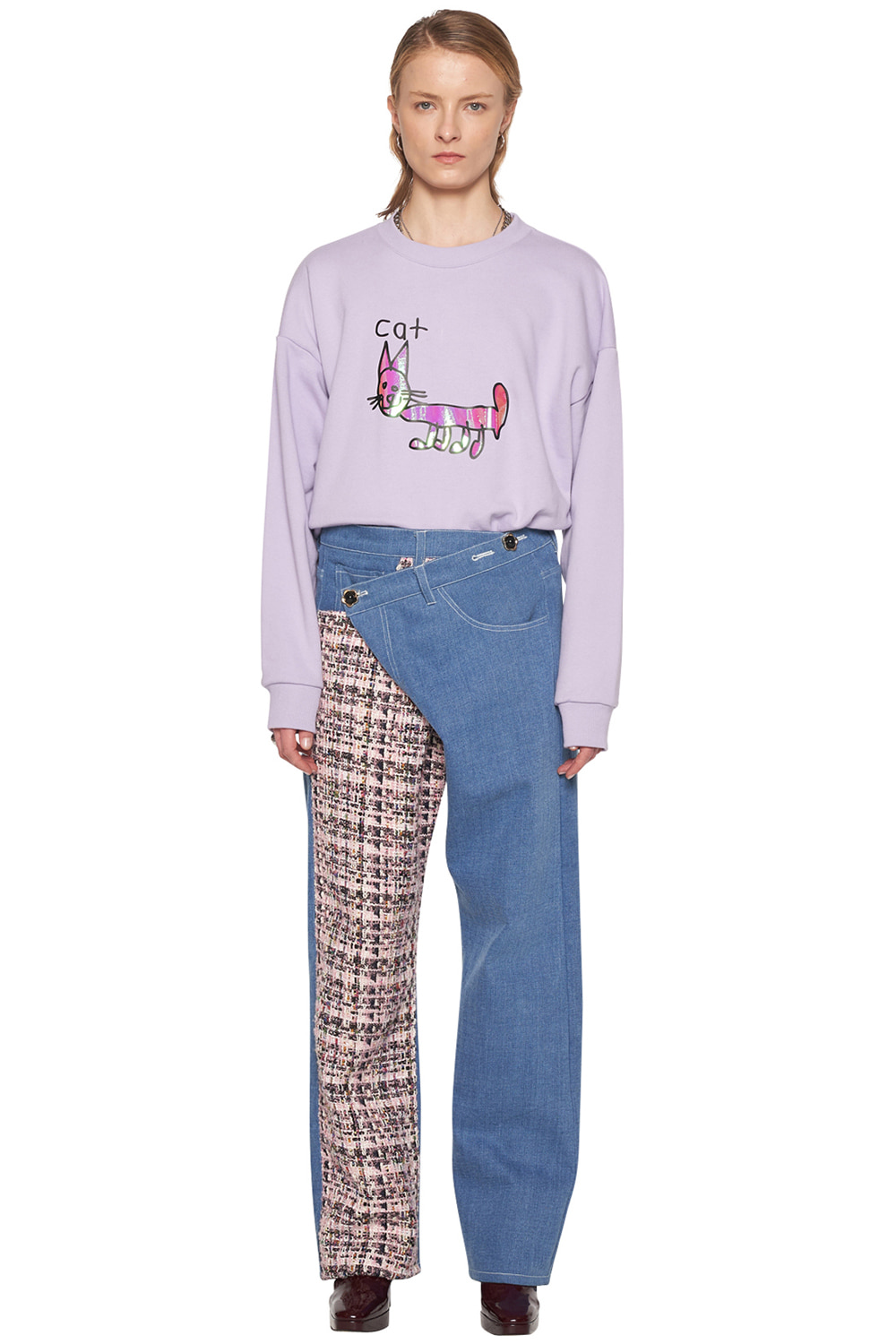 PINK TWEED PATCHED JEANS