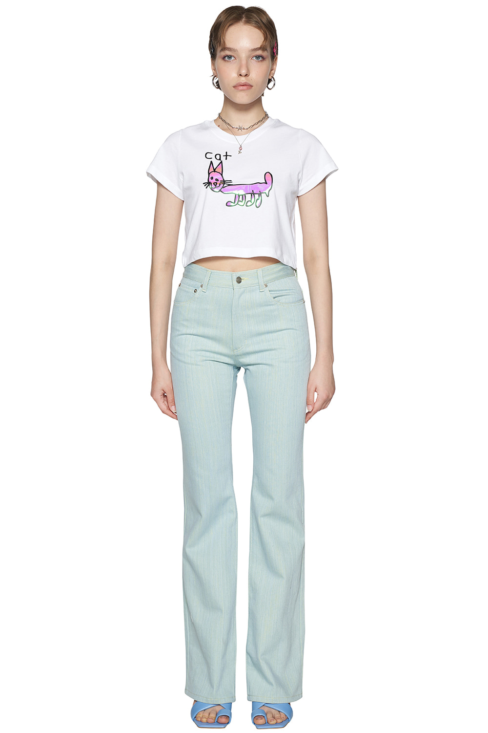 WHITE REFLECTIVE CAT CROPPED T-SHIRT