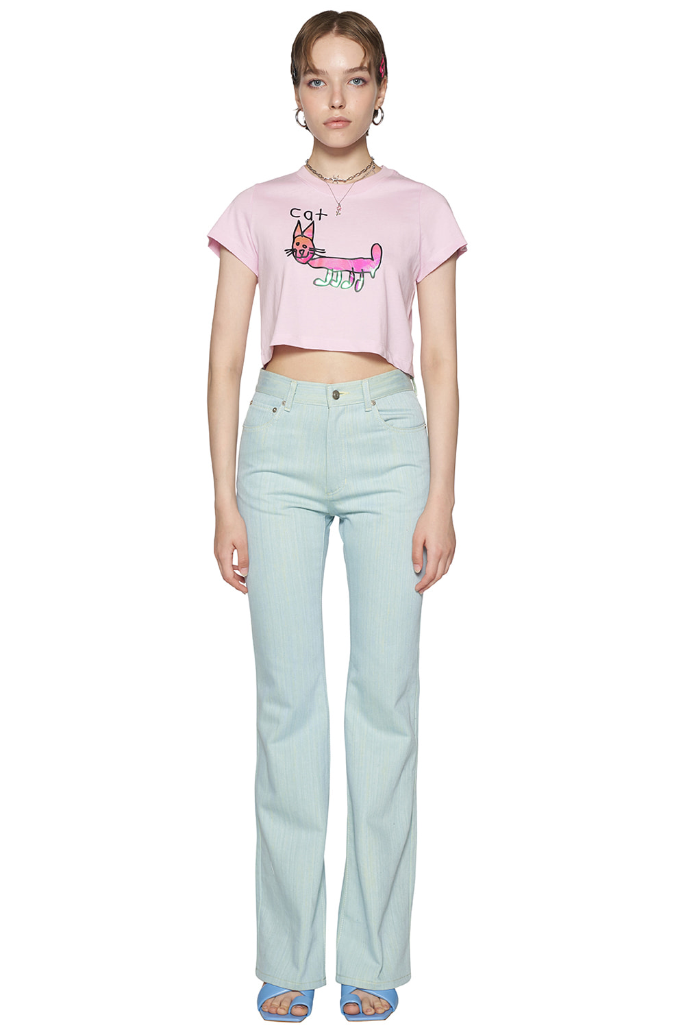 PINK REFLECTIVE CAT CROPPED T-SHIRT