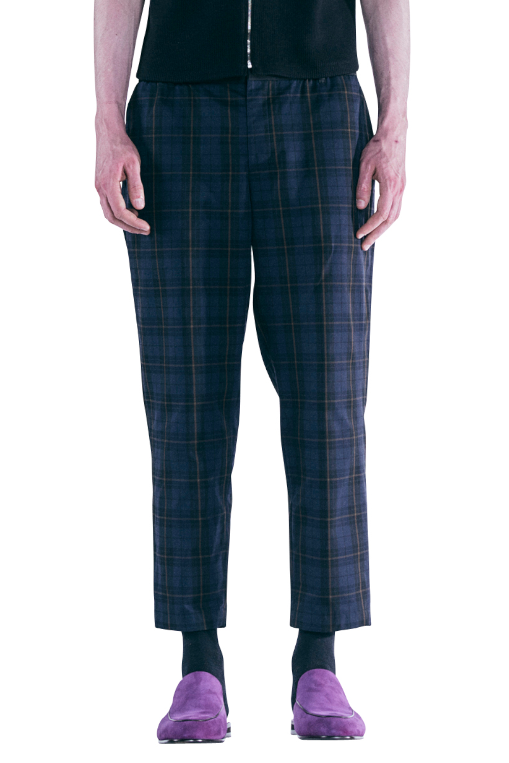 NAVY CHECK REVERSIBLE TAPERED PANTS