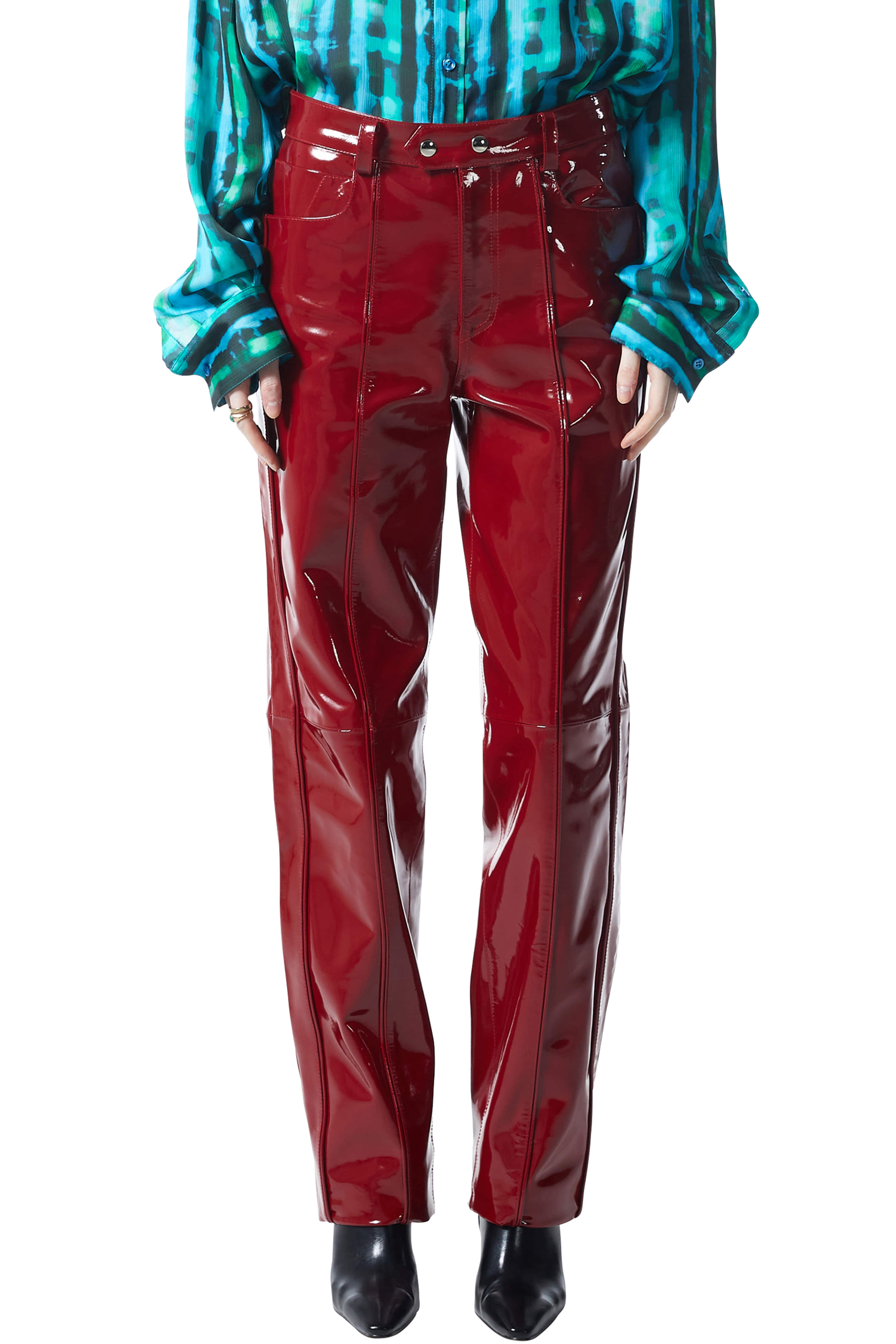 RED ENAMEL LEATHER PANTS