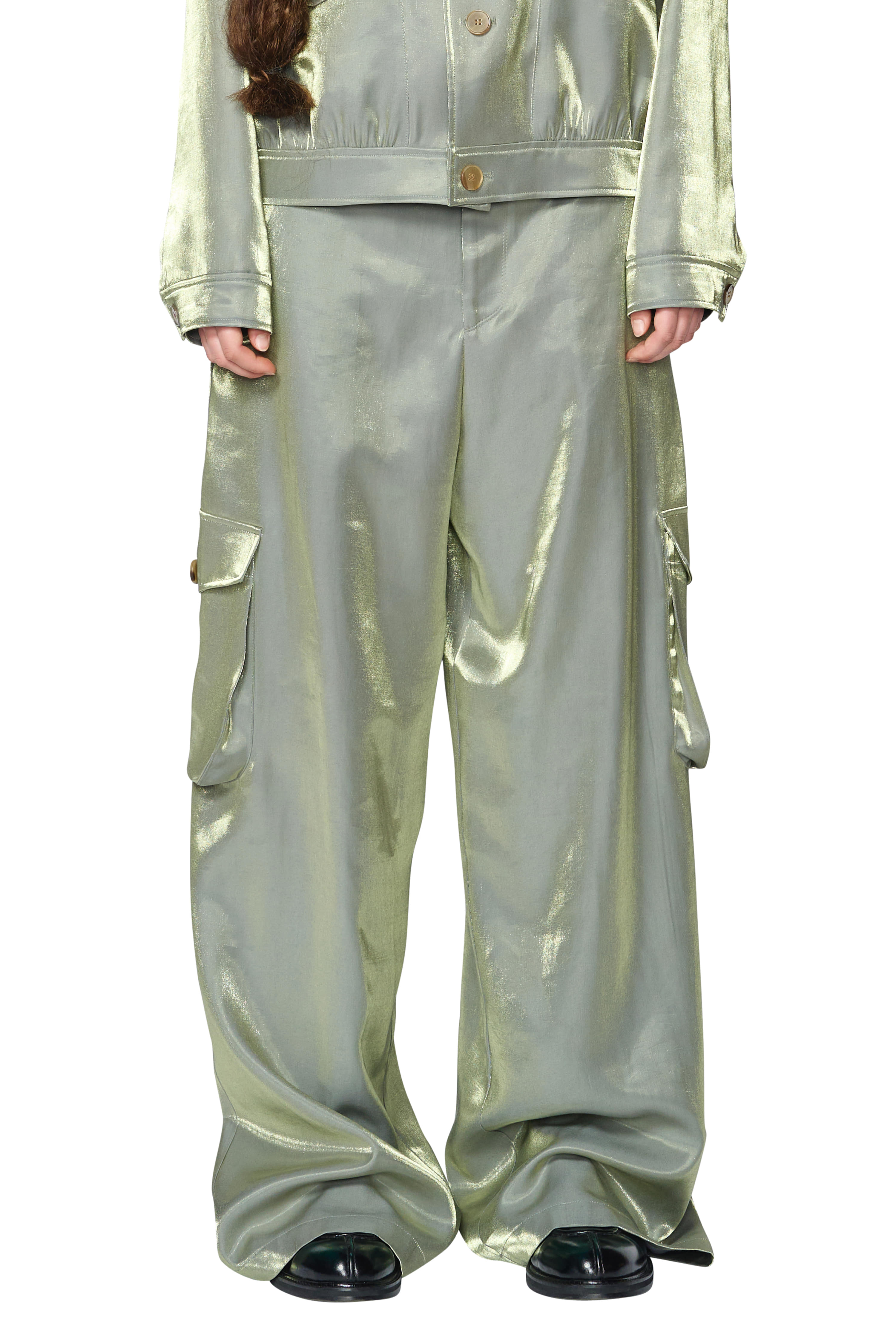 GLOSSY GREEN CARGO WIDE TROUSERS