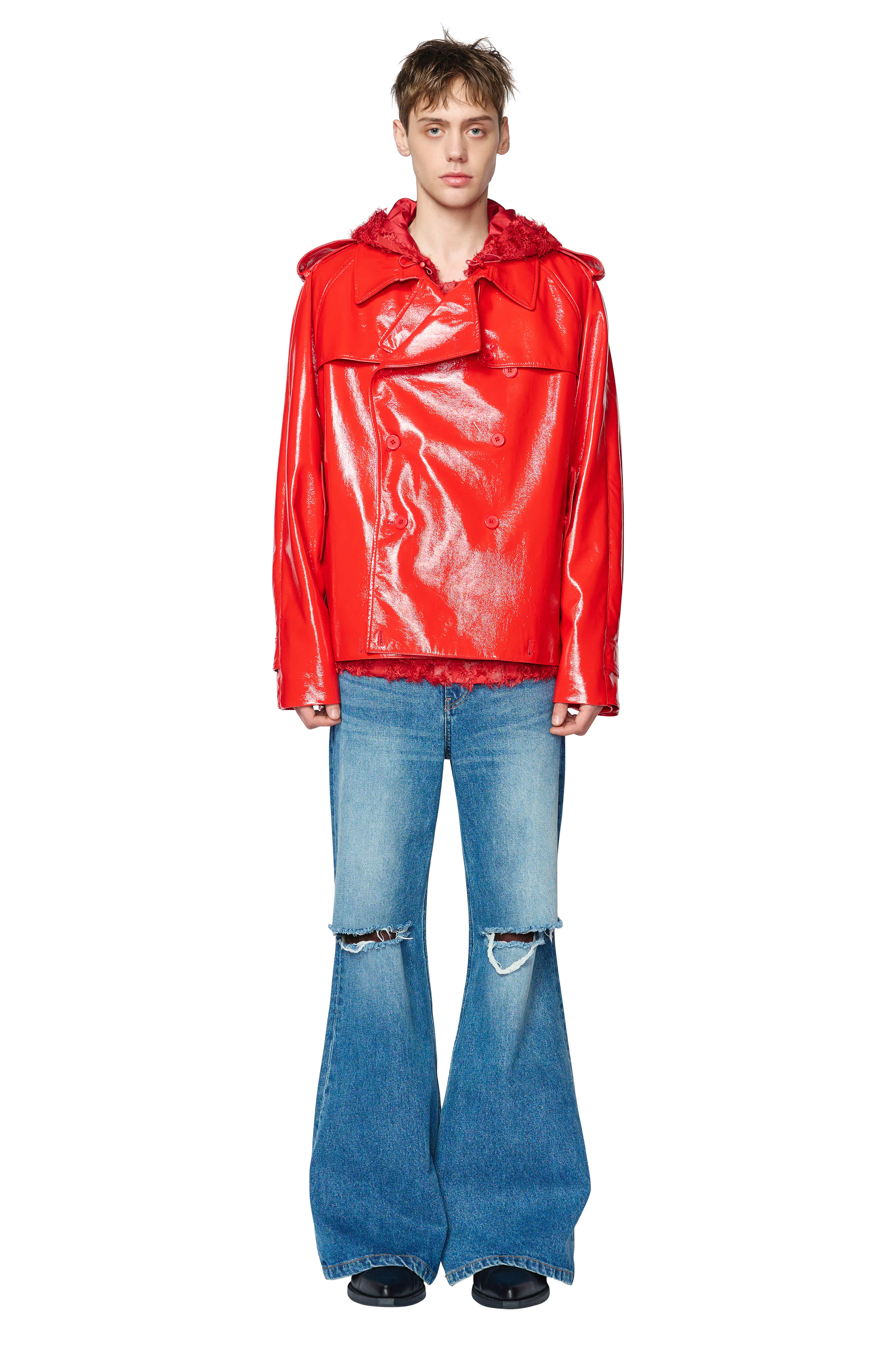 RED FAUX-LEATHER TWO WAY TRENCH JACKET