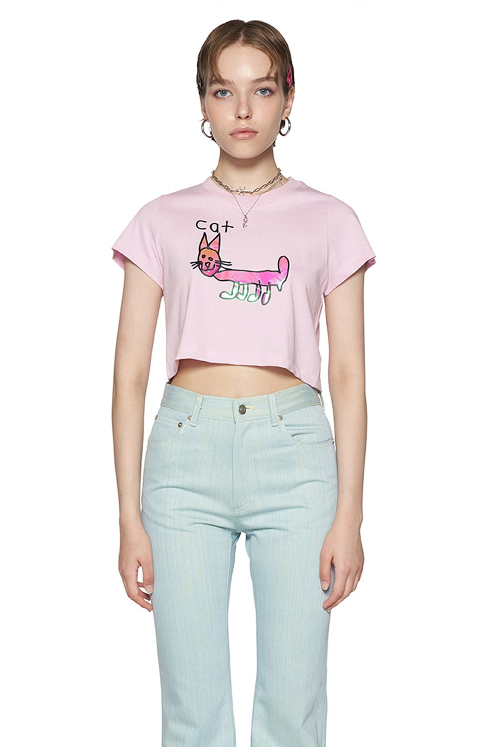 PINK REFLECTIVE CAT CROPPED T-SHIRT