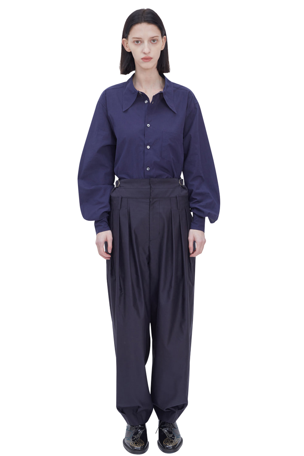 NAVY DOUBLE WAIST TAPERED PANTS
