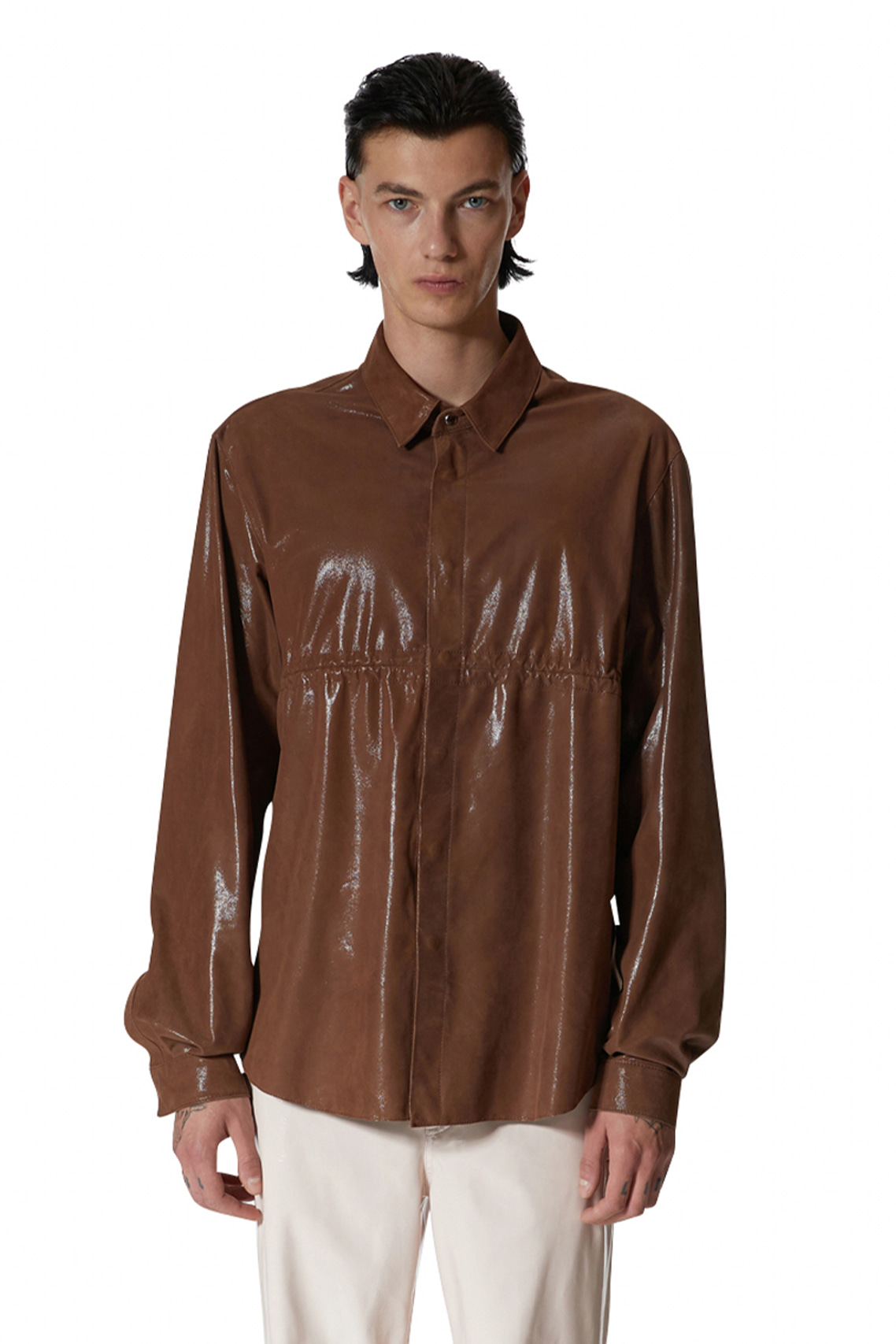 BROWN BREAST SHIRRING LEATHER SHIRT