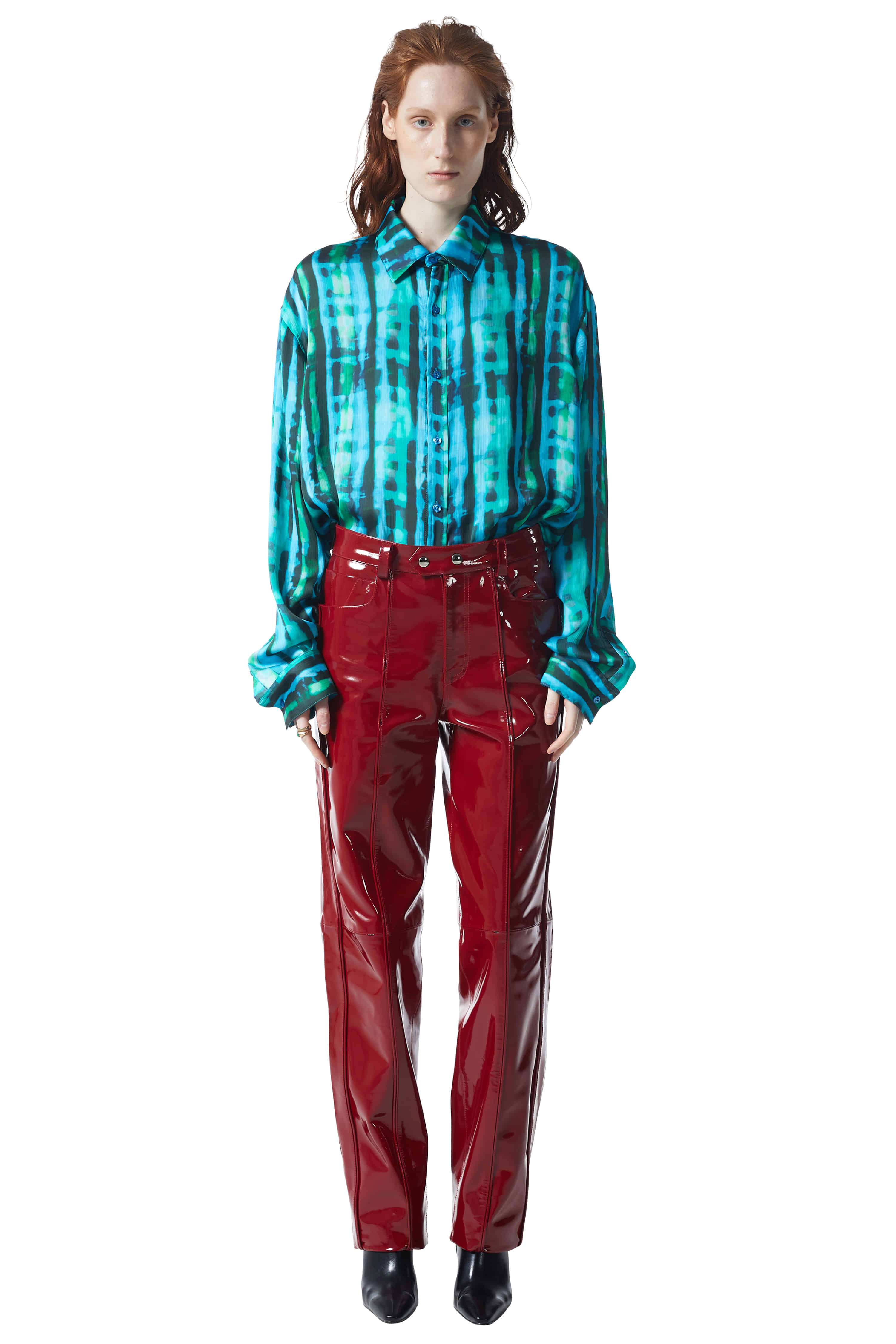 RED ENAMEL LEATHER PANTS