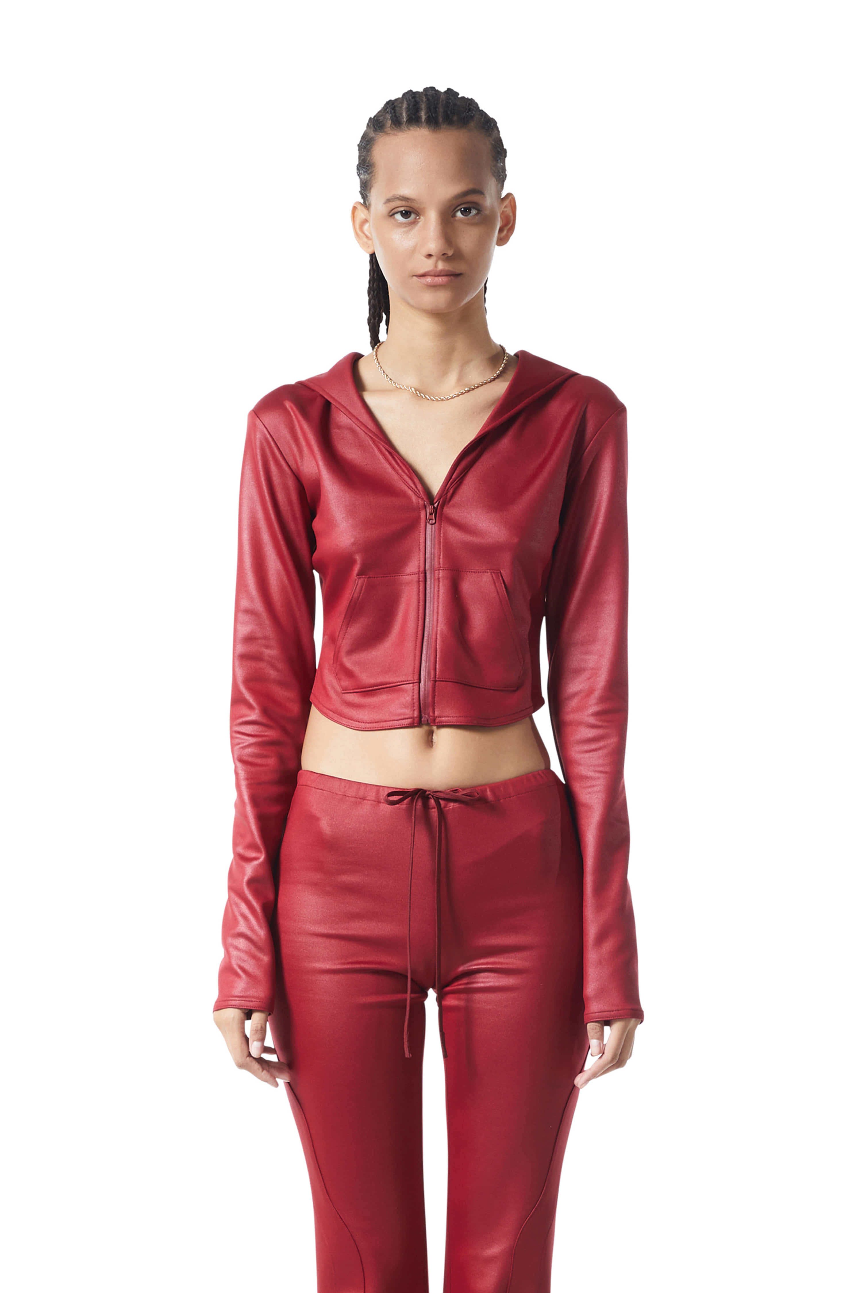 RED CROPPED LINING HOOD ZIP-UP
