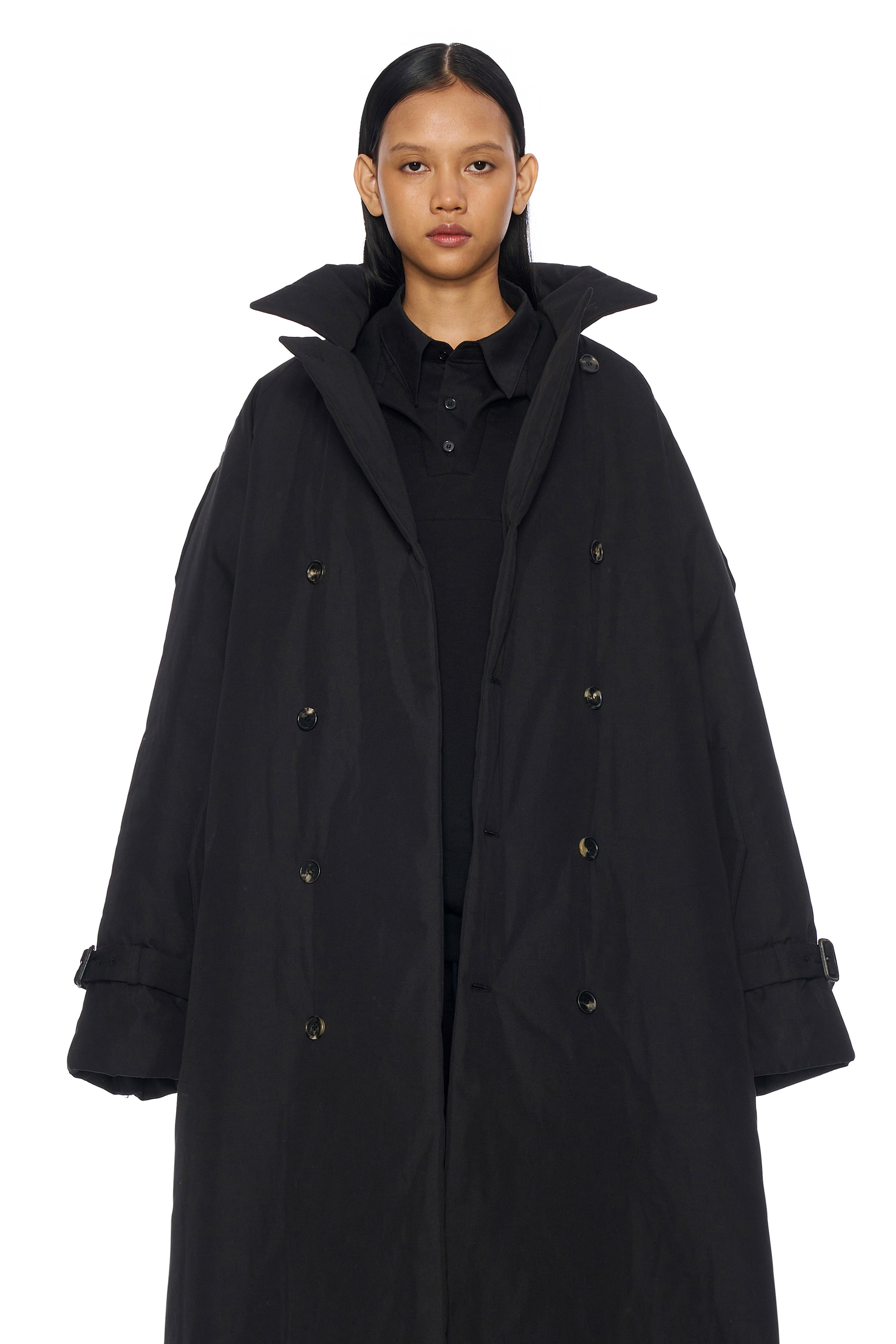 BLACK PADDED DOUBLE-BREASTED COAT