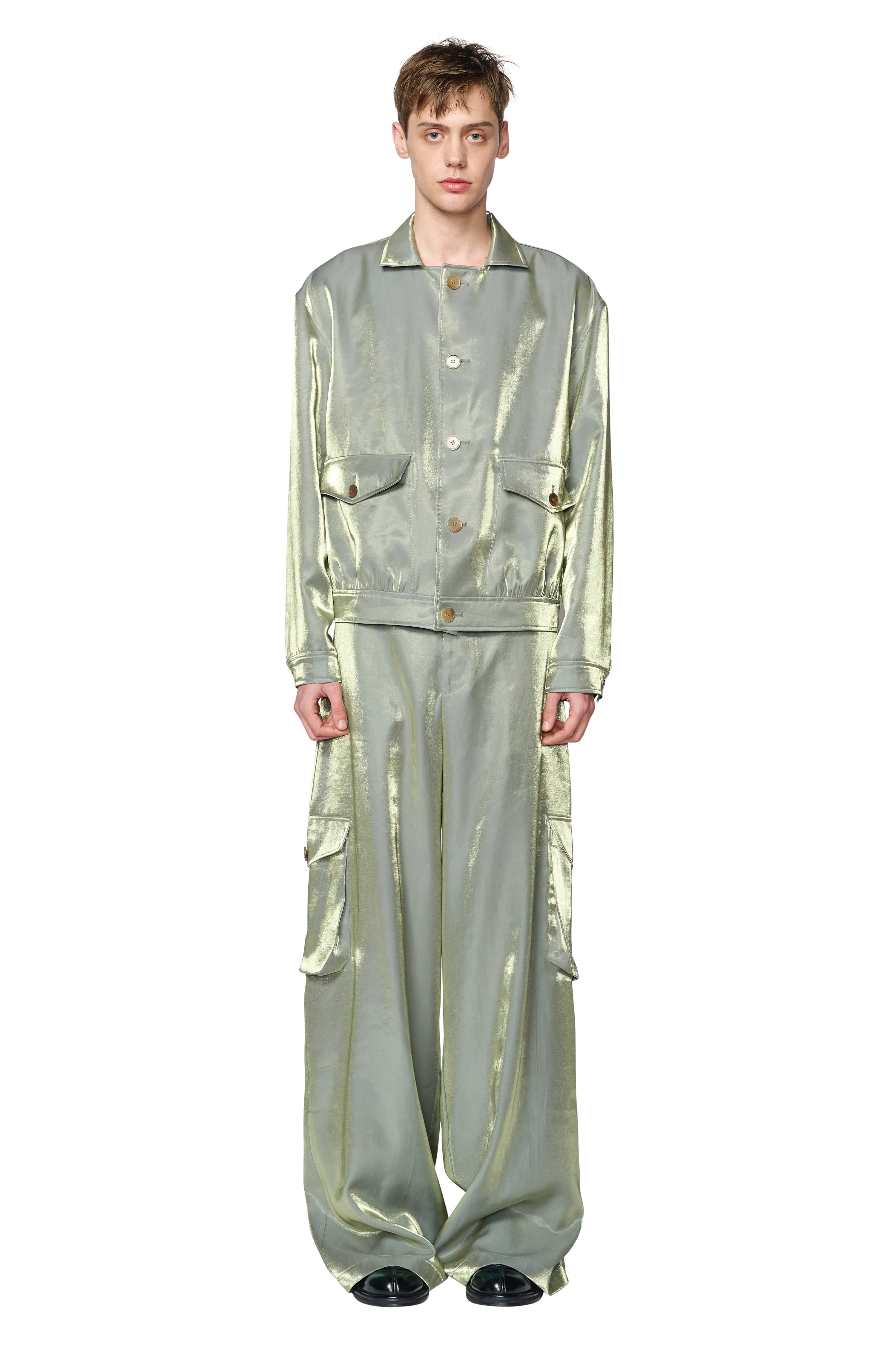 GLOSSY GREEN CARGO WIDE TROUSERS