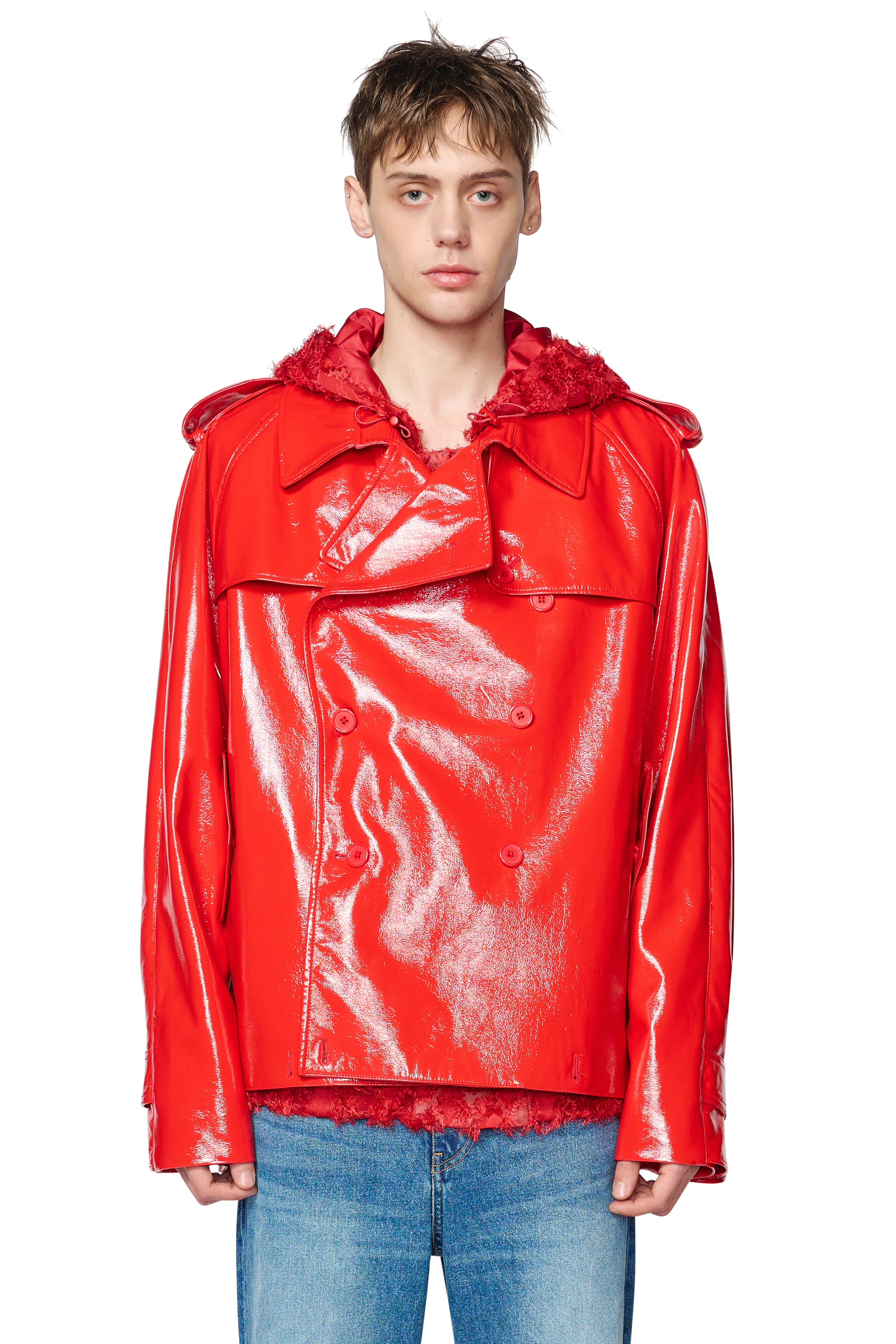 RED FAUX-LEATHER TWO WAY TRENCH JACKET