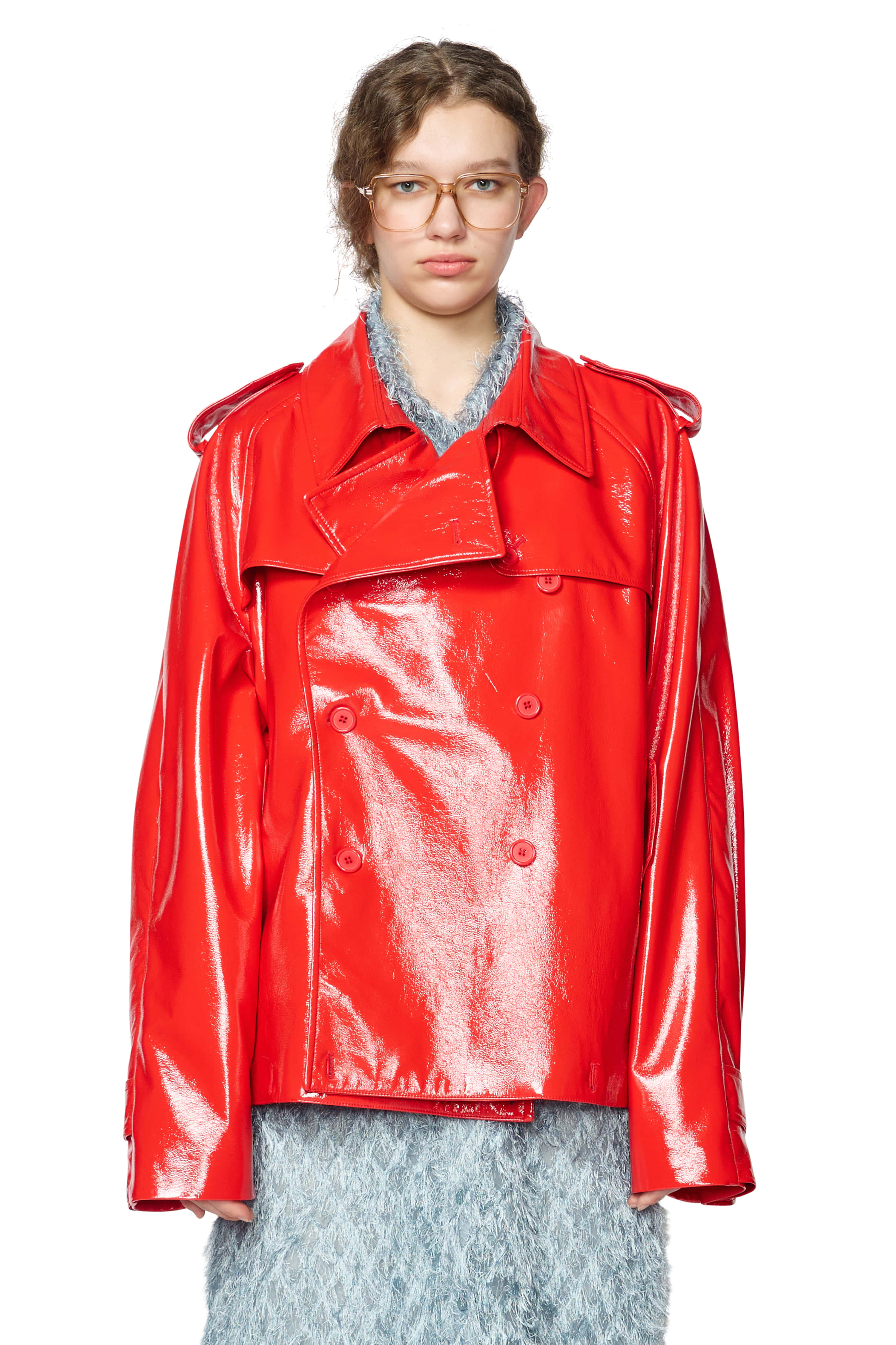 [ Delivery from 5/1 ] RED FAUX-LEATHER TWO WAY TRENCH JACKET