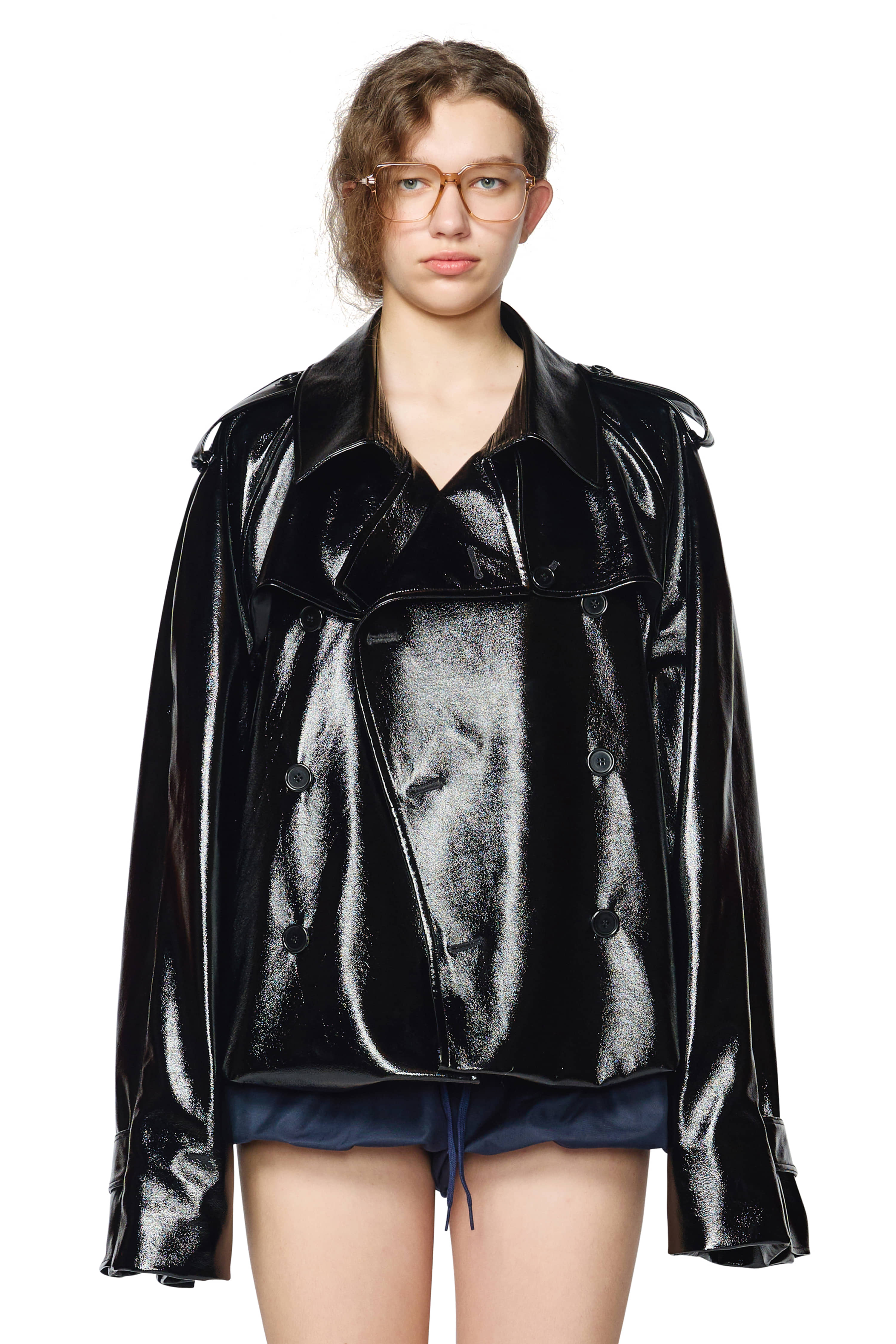 BLACK FAUX-LEATHER TWO WAY TRENCH JACKET